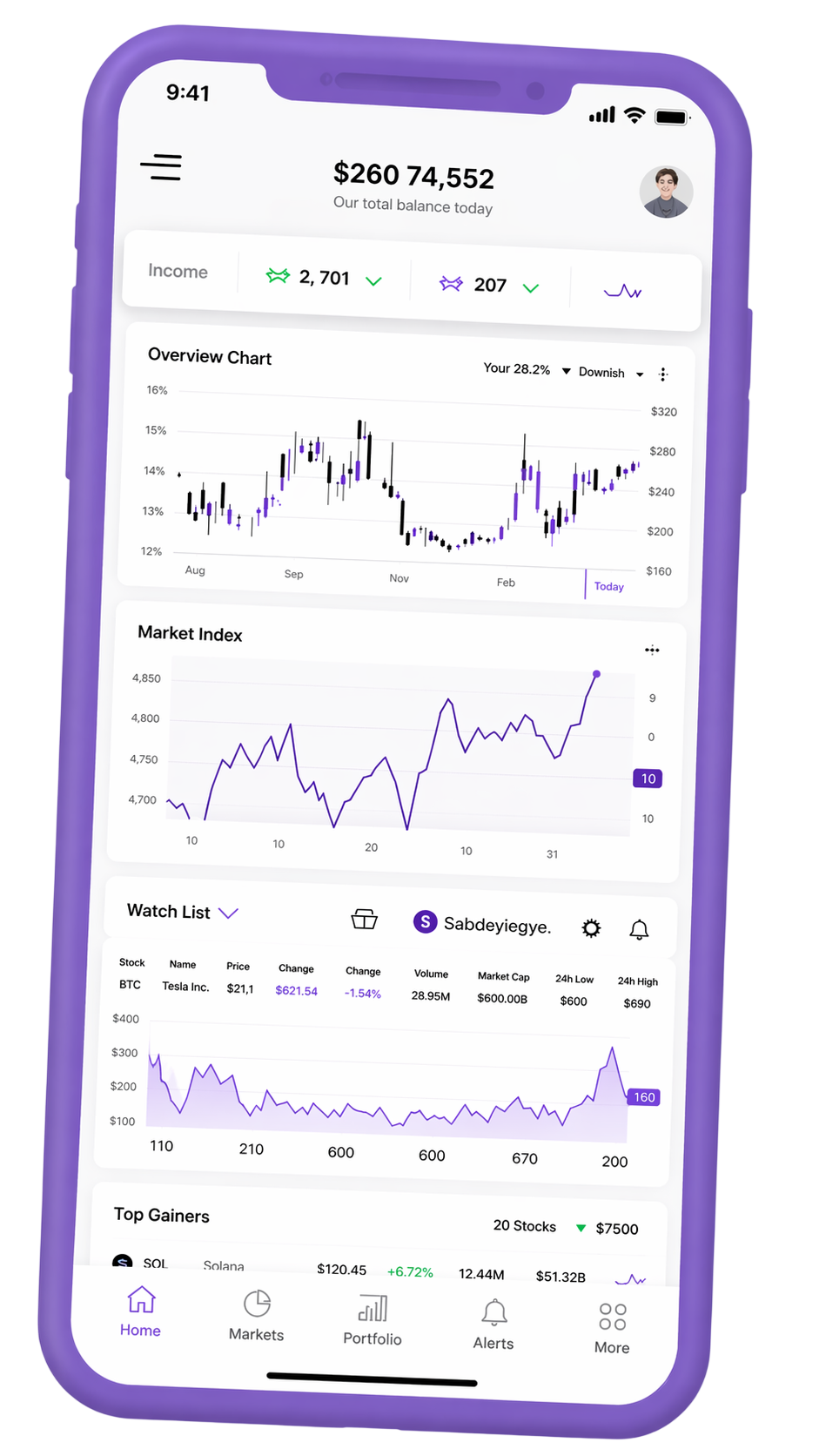 Mobile app interface for monitoring portfolio